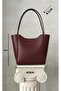 Burgundy Faux Leather Large Size Women's Hand and Shoulder Bag with Wicker Strap - 3