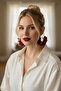 Women's Silver Color Hoop Dangle Earrings – Burgundy Fabric Design with Pearls - 7