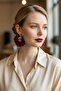 Women's Silver Color Hoop Dangle Earrings – Burgundy Fabric Design with Pearls - 5