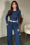 Ruffled Long Sleeve Crop Navy Blue Set - 2