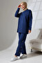 Women's Navy Blue Transitional Combed Cotton Bottom and Top Sporty and Comfortable Two-Piece Tunic Trousers Stylish Hijab Set