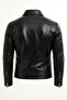 Men's Black Plain Zippered Genuine Leather Jacket - 2