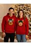 Liyada Oversized Geyik Printed Kırmızı Hooded Sweatshirt New Year's Lover Couple Combination Gift