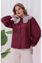 Women's Baby Collar Burgundy Balloon Sleeve Poplin Shirt - 3