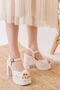 Women's Bow Strap (12cm) Platform Heeled Shoes White - 3