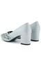 Patricia Silver Satin Stone Mesh Pointed Toe Thick Heeled Classic Shoes - 6