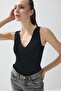 Women's Black Color V-Neck Snap Fastener Bodysuit