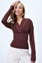 Brown Double-Breasted Cut V-Neck Waist-Corseted Sandy Blouse Alc-X14372 - 3