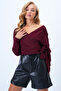 Burgundy Front and Back Double Breasted Collar Tie Detail Ottoban Crop Blouse Alc-X14346 - 3