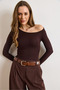 Women's Brown Asymmetrical Neckline Very Soft Textured Stretchy Bodysuit Bdy-00000067 - 4