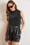 Women's Black Mock Neck Sleeveless Silvery Shiny Blouse Blz-19003176 - 5