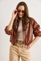 Women's Tan Lined Faux Leather Bomber Jacket with Pockets Ckt-19000499 - 2