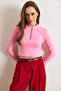 Women's Pink Shoulder Stitching Detailed Crop Soft Touch Blouse Blz-19003178 - 2