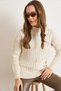 Women's Ecru Mock Neck Braided Hair Oversized Knitwear Sweater Kzk-19001082 - 3
