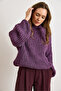 Women's Purple Mock Neck Flexible Thick Knit Sweater Kzk-19001083 - 4
