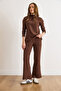 Women's Bitter Brown Bottom Pocket Pants Top Mock Neck Blouse Fleece-Lined Set Tkm-19000254 - 2