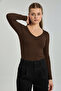 Women's button-down long sleeve bodysuit - burnt coffee