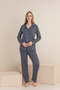 Women's Navy Blue and White Striped Patterned Milan Knitted Lisbon Buttoned Pajama Set - 3