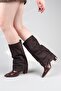 Selora Suede-Crocodile Paneled Heeled Boots Brown - 2
