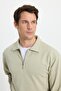 Men's relax fit comfortable cut cotton 3-thread zippered polo collar beige sweatshirt - 2