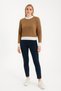 Women's Crew Neck Ribbed and Striped Detail Crop Knitwear Short Sweater