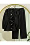 Balloon Sleeve Belted Front Buttoned Scuba Suit - Black - 3