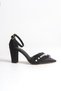 Women's Bride Pearl Lace Detailed Thick Heeled Special Occasion Wedding Bridal Shoes Black Satin - 3