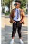 Boys' Classic Shirt with Tie Quilted Tan Coat Slim Pants Cut Pants Bottom Top Set - 5