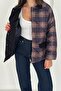 Women's Navy Blue Velvet Collar Detailed Plaid Snap Button Quilted Lined Oversized Coat - 2