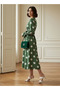 Polka Dot Print Midi Dress with Long Sleeves and Cinched Waist Detail - 2