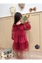 Burgundy Hem Ruffled Long Ruffle Tulle Sleeve Velvet Fabric Girls Kids Baby Girl Dress - 6