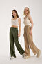 Linen Fabric High Waist Striped Elastic and String Lace-Up Waist Detailed Trousers - 6