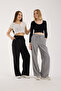 Linen Fabric High Waist Striped Elastic and String Lace-Up Waist Detailed Trousers - 2