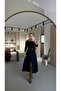 Belted Double Pleated Detail Navy Blue Midi Skirt