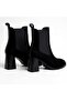 Black Suede Genuine Leather Women's Square Toe Thick Heeled Boots with Elastic on Two Sides - 6