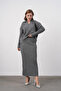 Women's Polo Neck Half-Button Placket Knit Detail Sweater Skirt Two-Piece Knit Set - 7