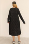 Women's Black Round Neck Patterned Pocketed Vintage Loose Cotton Knit Midi Dress - 7