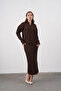 Women's Polo Neck Half-Button Placket Knit Detail Sweater Skirt Two-Piece Knit Set - 5