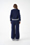 Women's Mock Neck Zipper Closure Striped Ribbed Knit Jacket Pants Double Knitwear Set - 6