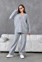 Women's V-Neck Knit Detail Oversized Sweater Pants Two-Piece Knit Set - 3
