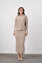 Women's Polo Neck Half-Button Placket Knit Detail Sweater Skirt Two-Piece Knit Set - 3