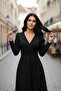 Black Elegant V-Neck Midi Dress - 3