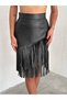 Style Asymmetrical Knee Length Tassels Back Zipper Inside Fleece-Lined High Waist Faux Leather Skirt