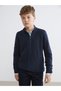 Navy Blue Mock Neck Textured Boys' Knitwear Cardigan