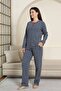 Women's Pajamas Set - Navy Blue Daisy Pattern Long Sleeve Stretch Fabric Cotton 2881Uk - 3