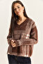 Women's Dark Cinnamon Cream Plaid Patterned V-Neck Ribbed Knitwear Sweater Tk251134 60283833 - 4