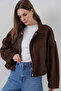 Women's Brown Oversized Zipper and Snap Closure Pocketless Suede Leather Jacket Hzl25W-Bd107301 - 4
