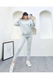 Gray Melange Hooded Kangaroo Pockets Oversized Elastic Legs Fleece Inside Women's Tracksuit Set