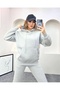 Gray Melange Hooded Kangaroo Pockets Oversized Elastic Legs Fleece Inside Women's Tracksuit Set - 2