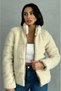 Women's Puffer Coat Plush Embossed Teddy Fabric Beige - 2